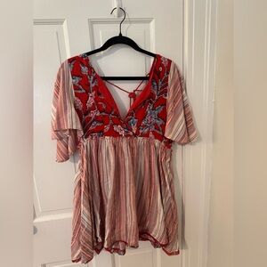 Free People Red and Pink Flutter Sleeve Mini Dress